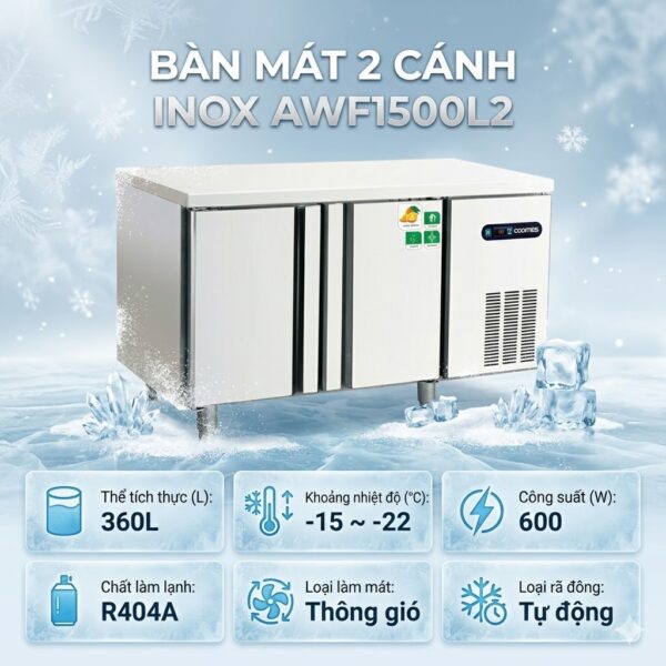 bàn mát 2 cánh inox coolmes awf1500l2