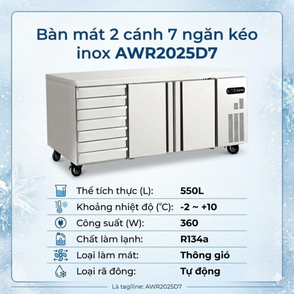 bàn mát 2 cánh 7 ngăn kéo inox coolmes awr2025d7