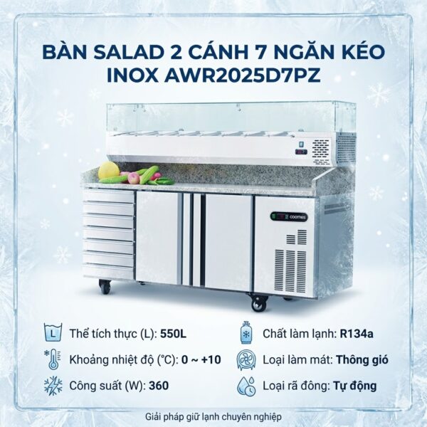 bàn salad 2 cánh 7 ngăn kéo inox coolmes awr2025d7pz