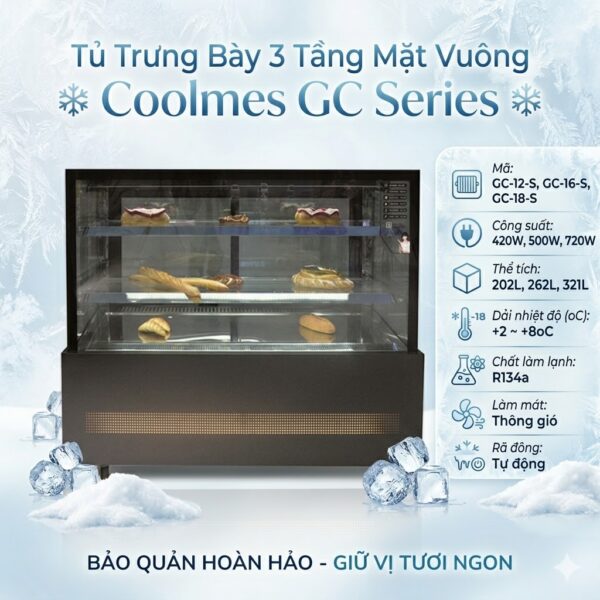 tủ trưng bày 3 tầng mặt vuông coolmes gc series